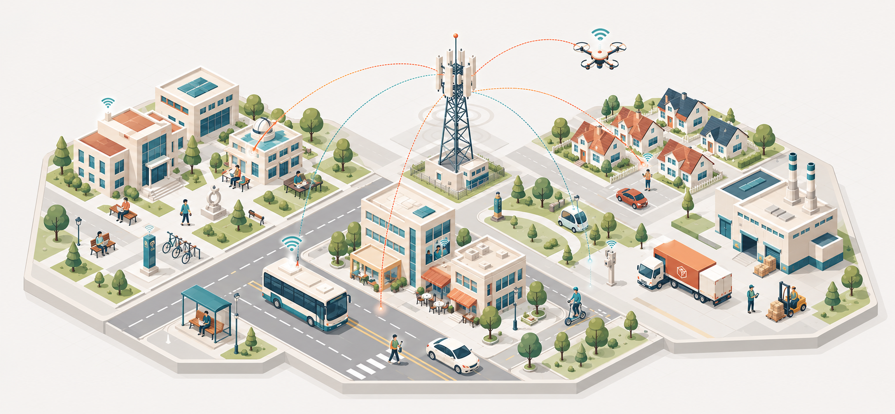 Intelligent wireless network connecting a campus, city infrastructure, vehicles, drones, and IoT devices